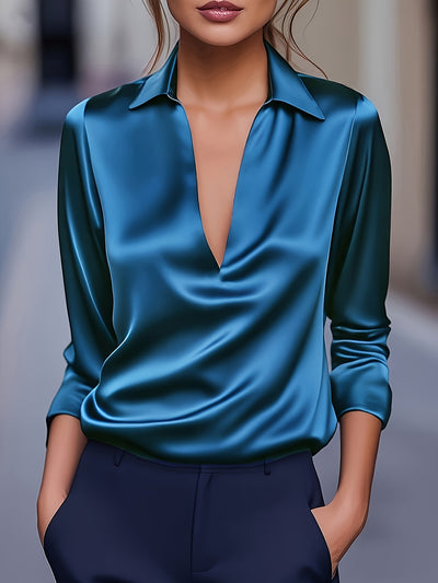 Louise | Elegant Silver Satin V-Neck Blouse