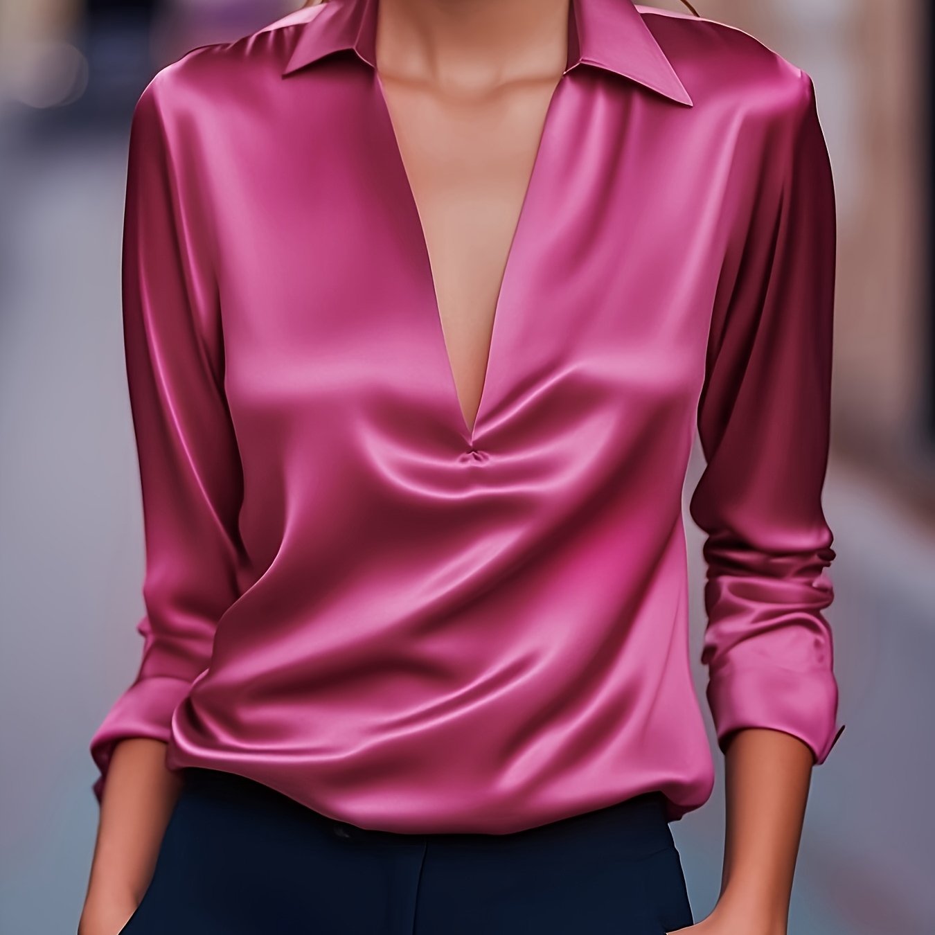 Louise | Elegant Silver Satin V-Neck Blouse