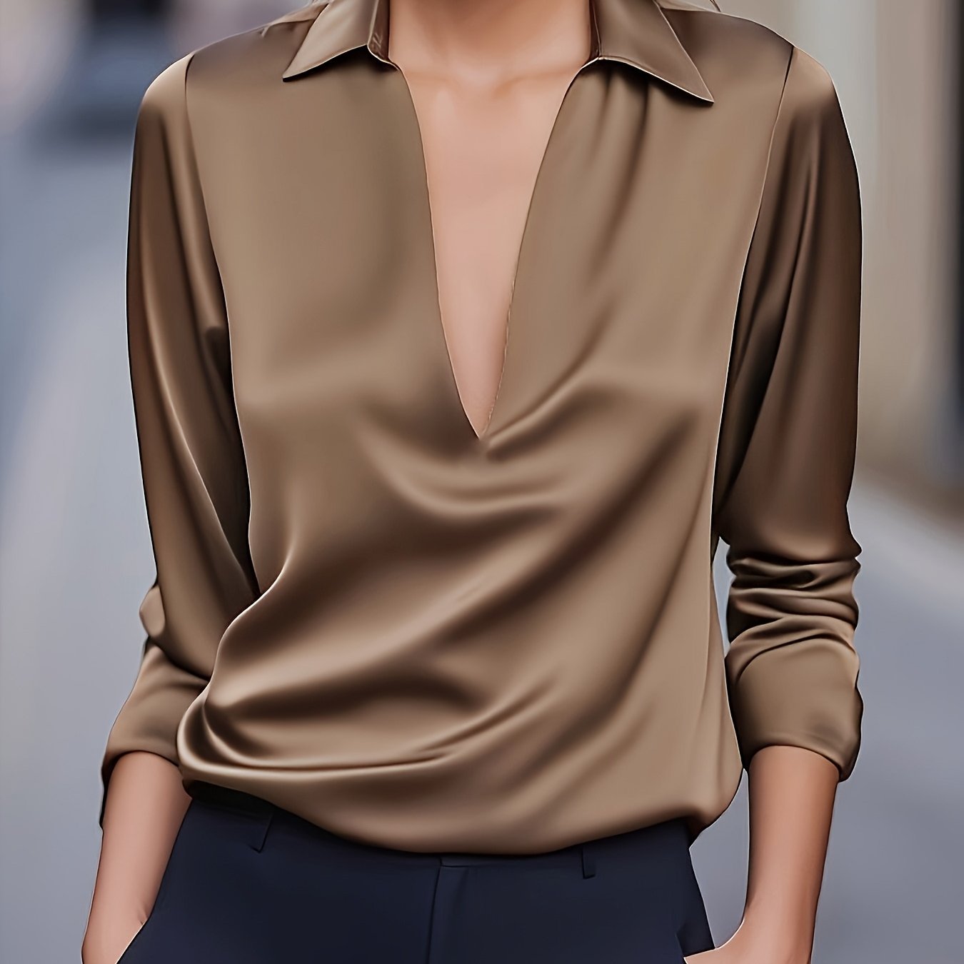 Louise | Elegant Silver Satin V-Neck Blouse