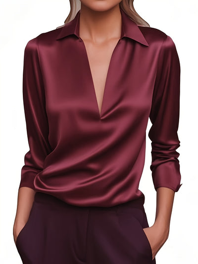 Louise | Elegant Silver Satin V-Neck Blouse