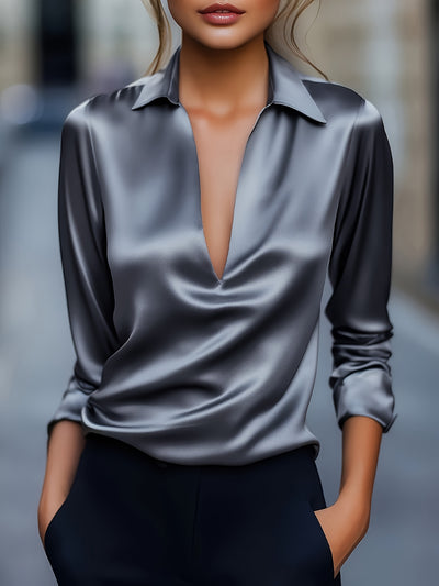 Louise | Elegant Silver Satin V-Neck Blouse