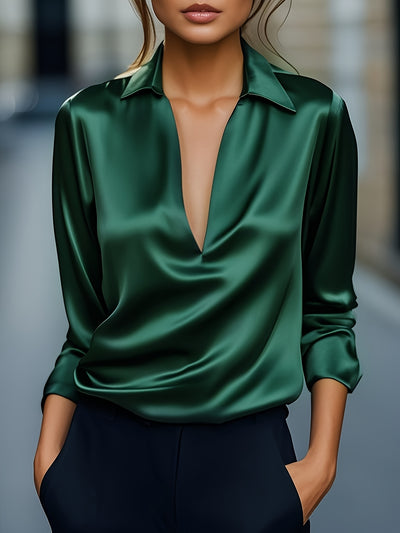 Louise | Elegant Silver Satin V-Neck Blouse