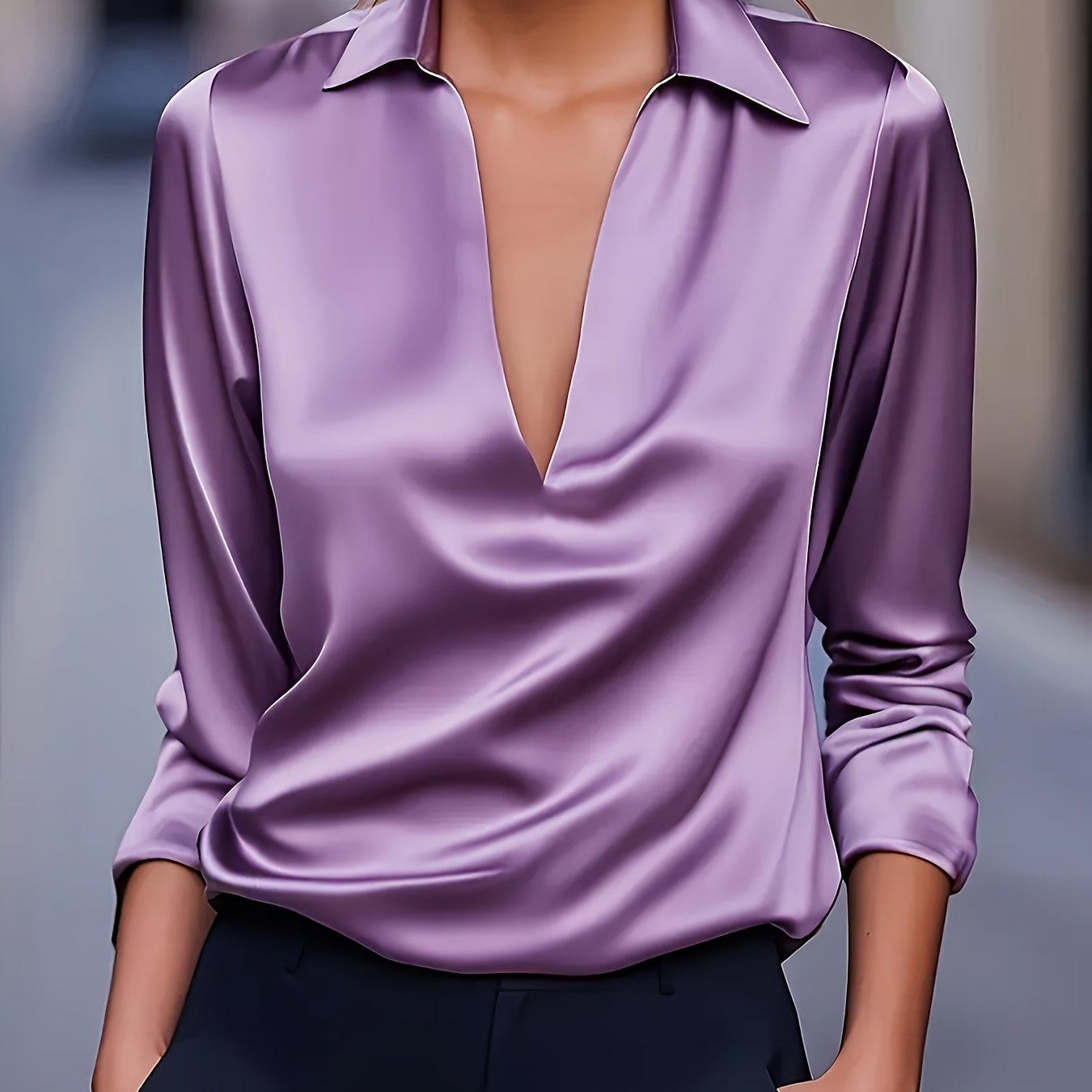 Louise | Elegant Silver Satin V-Neck Blouse