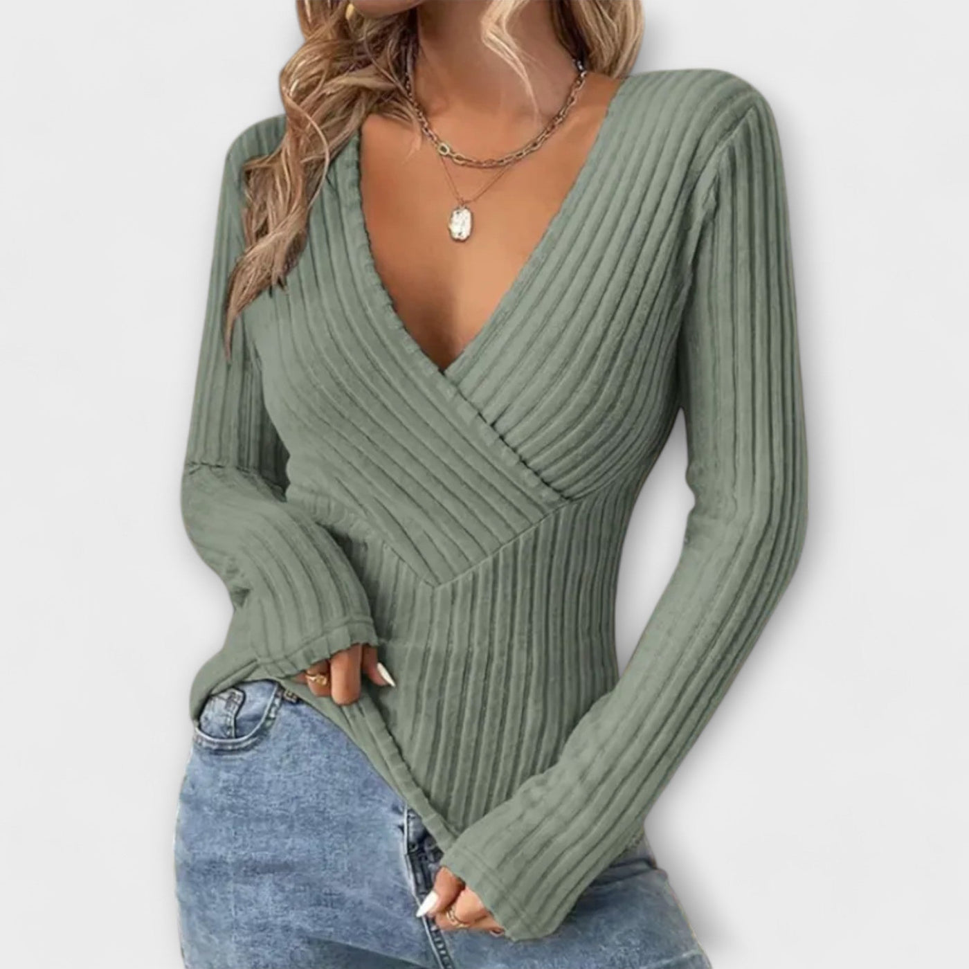 Emily | Ribbed T-shirt with Twisted Front and V-Neck