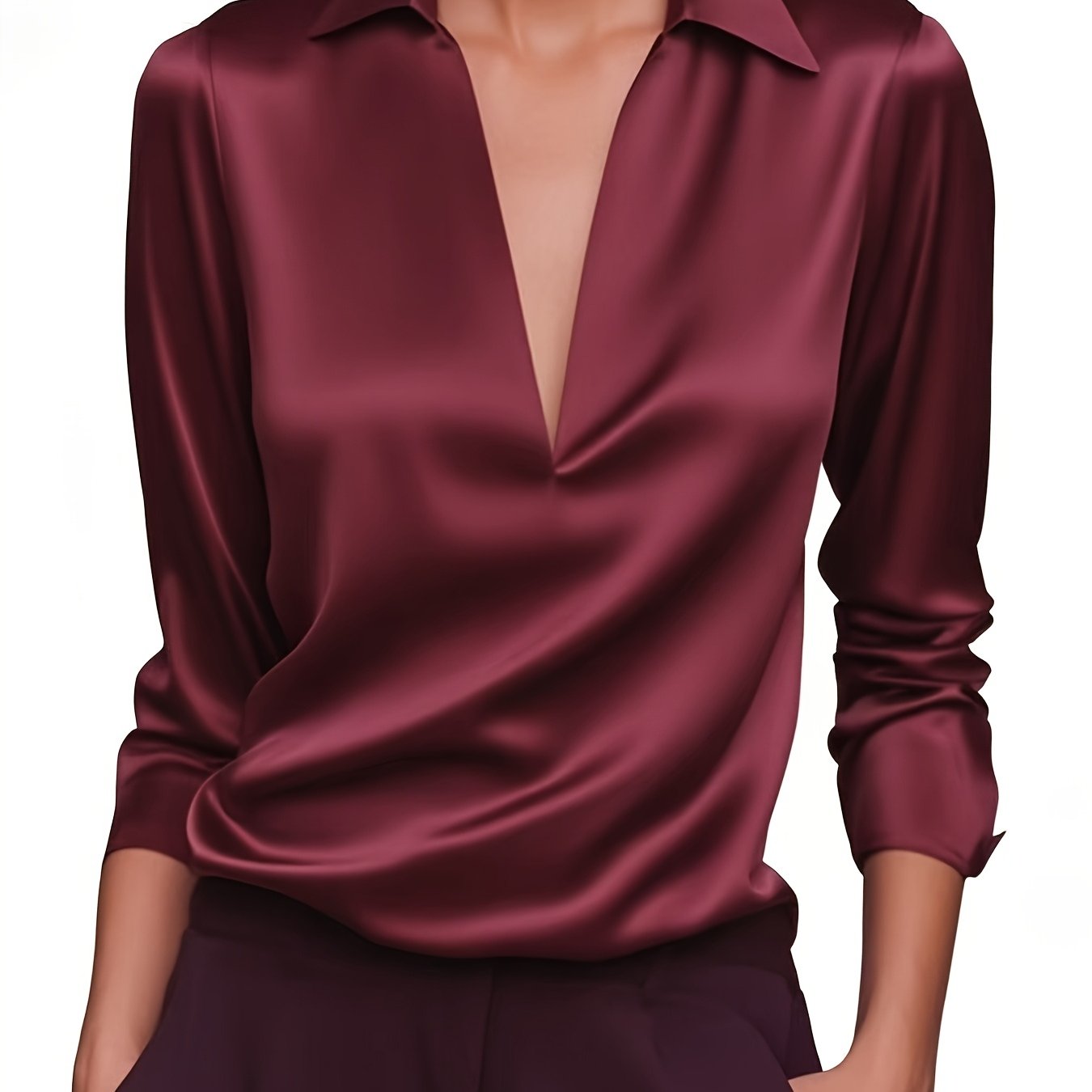 Louise | Elegant Silver Satin V-Neck Blouse