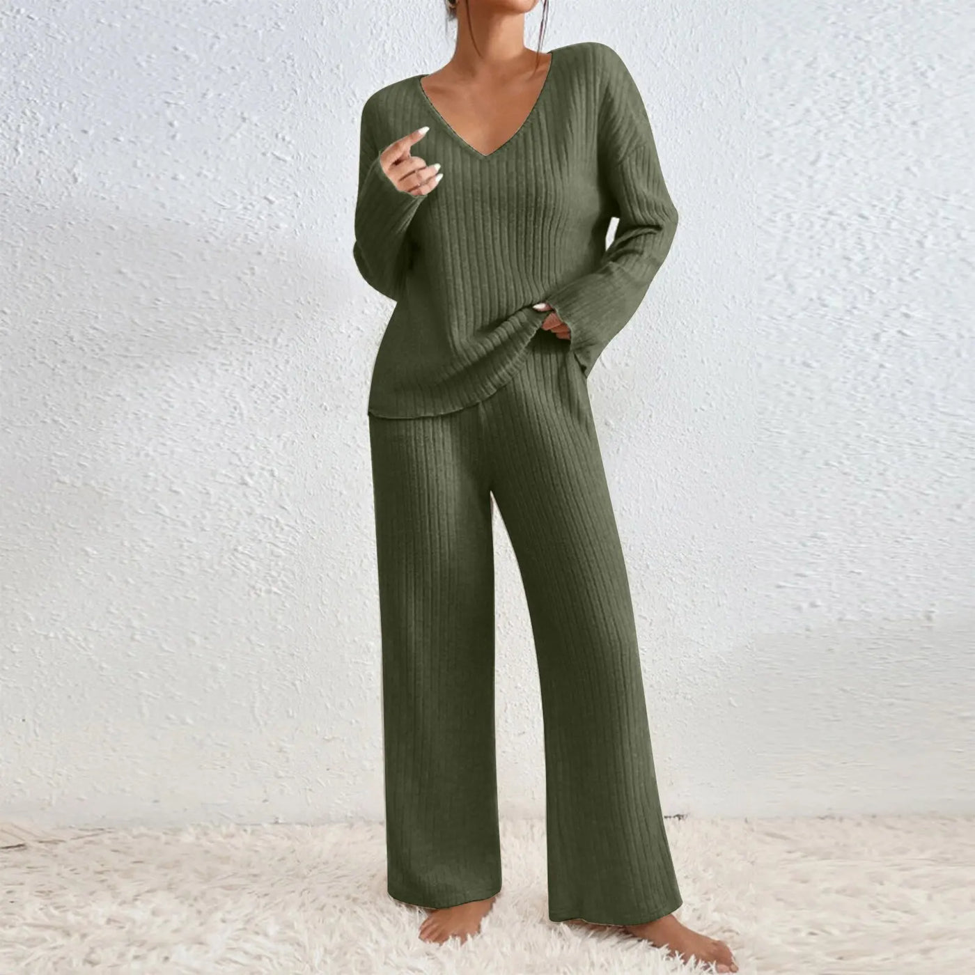 Sandra | V-Neck Top and Straight Pants Two-Piece Set