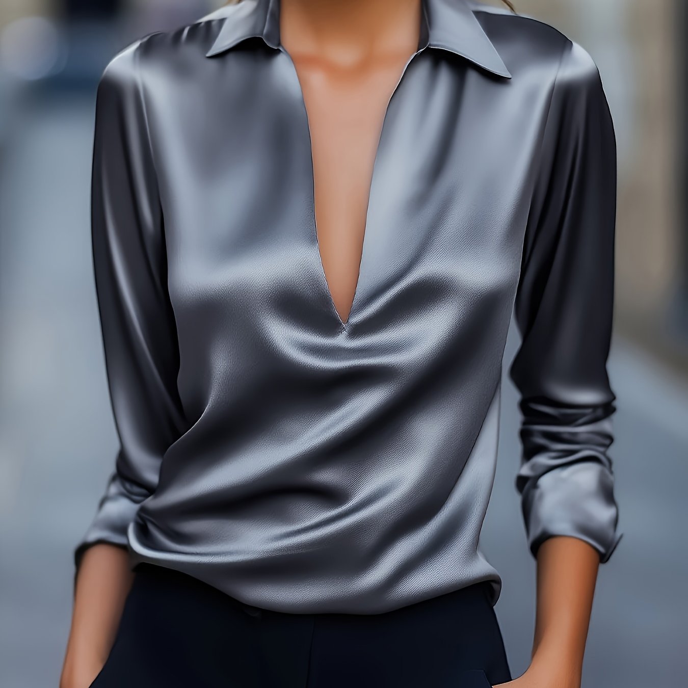 Louise | Elegant Silver Satin V-Neck Blouse