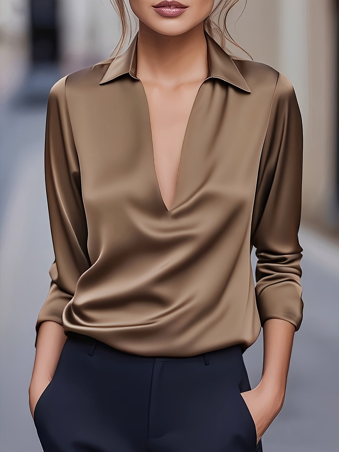 Louise | Elegant Silver Satin V-Neck Blouse