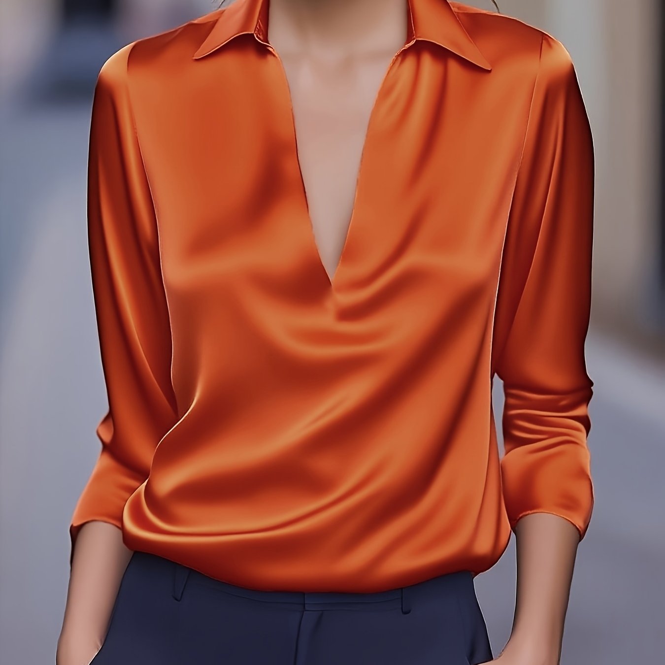 Louise | Elegant Silver Satin V-Neck Blouse