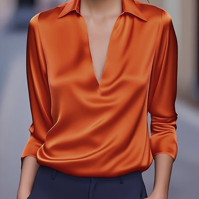 Louise | Elegant Silver Satin V-Neck Blouse