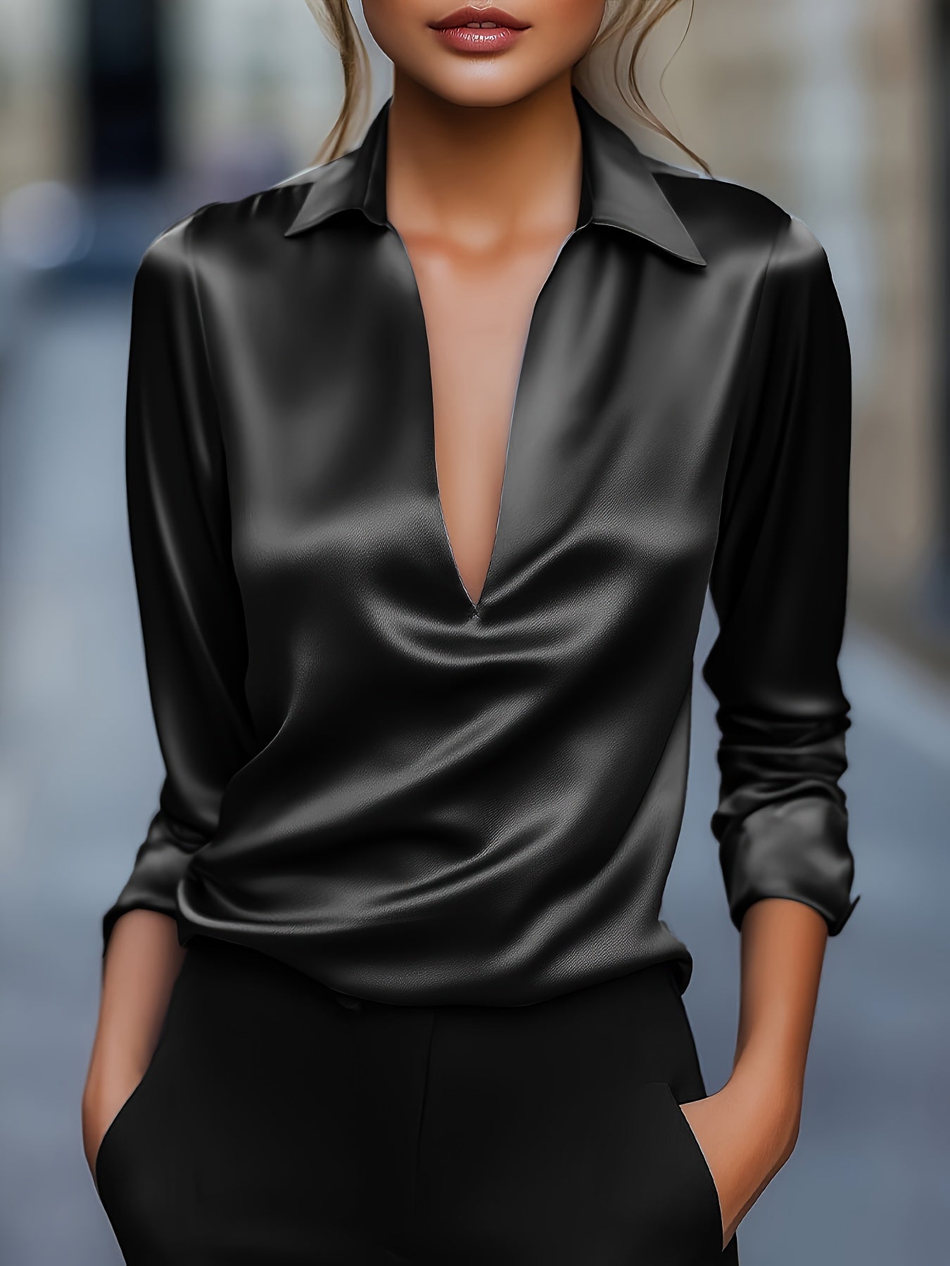 Louise | Elegant Silver Satin V-Neck Blouse