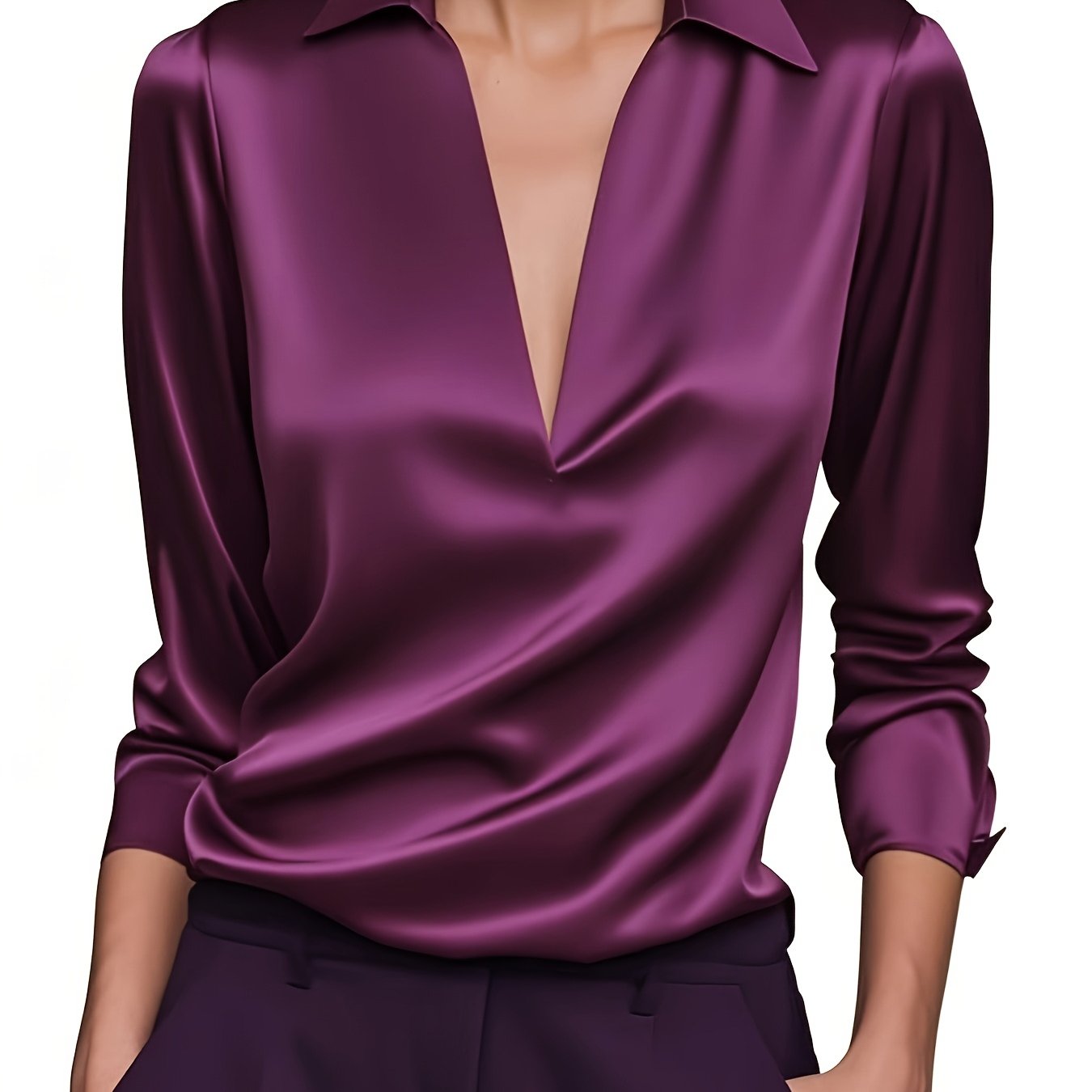 Louise | Elegant Silver Satin V-Neck Blouse