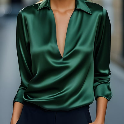 Louise | Elegant Silver Satin V-Neck Blouse