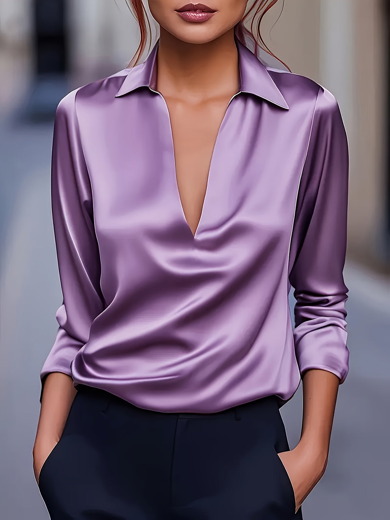 Louise | Elegant Silver Satin V-Neck Blouse