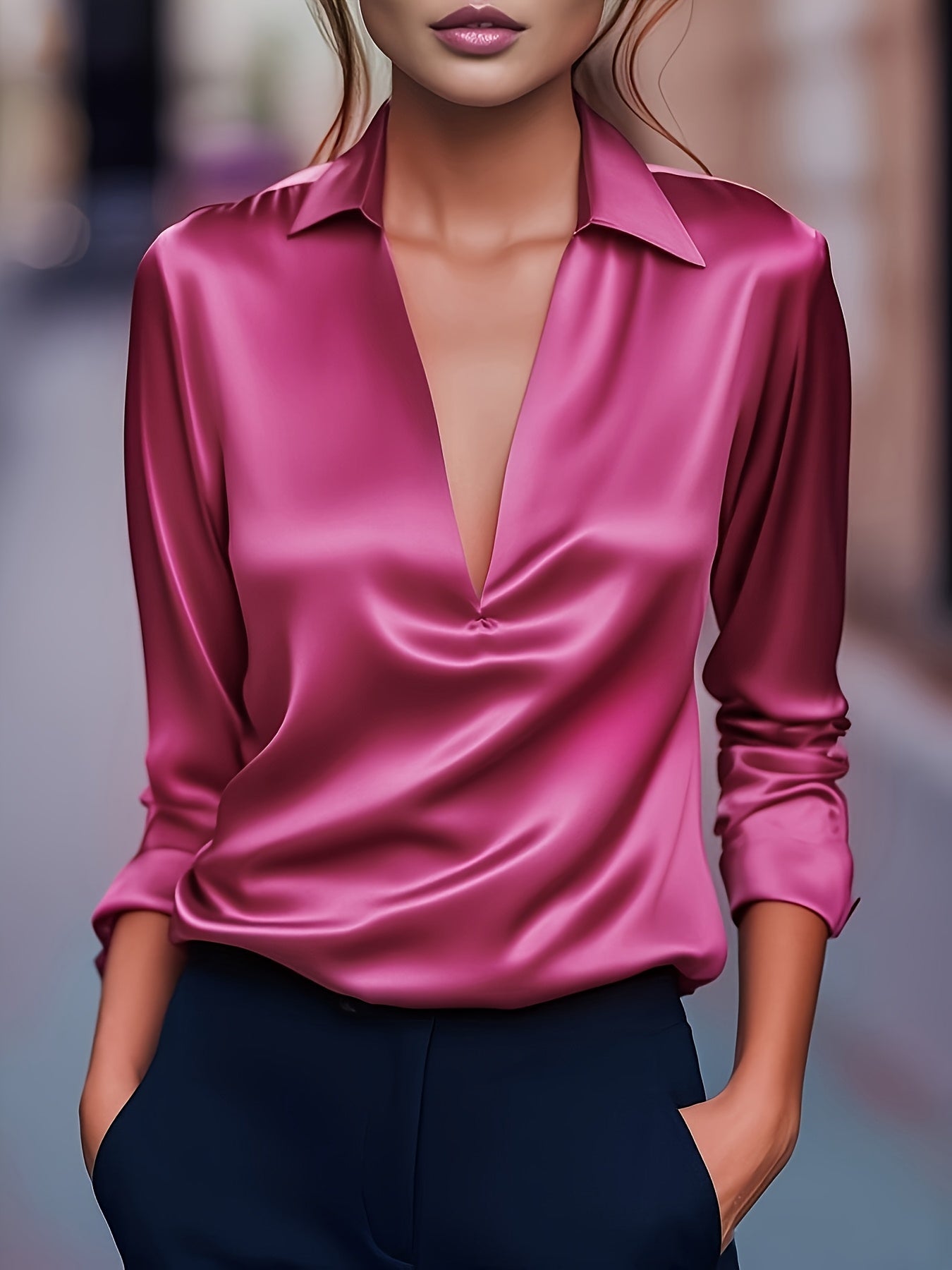 Louise | Elegant Silver Satin V-Neck Blouse