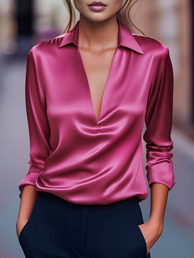 Louise | Elegant Silver Satin V-Neck Blouse