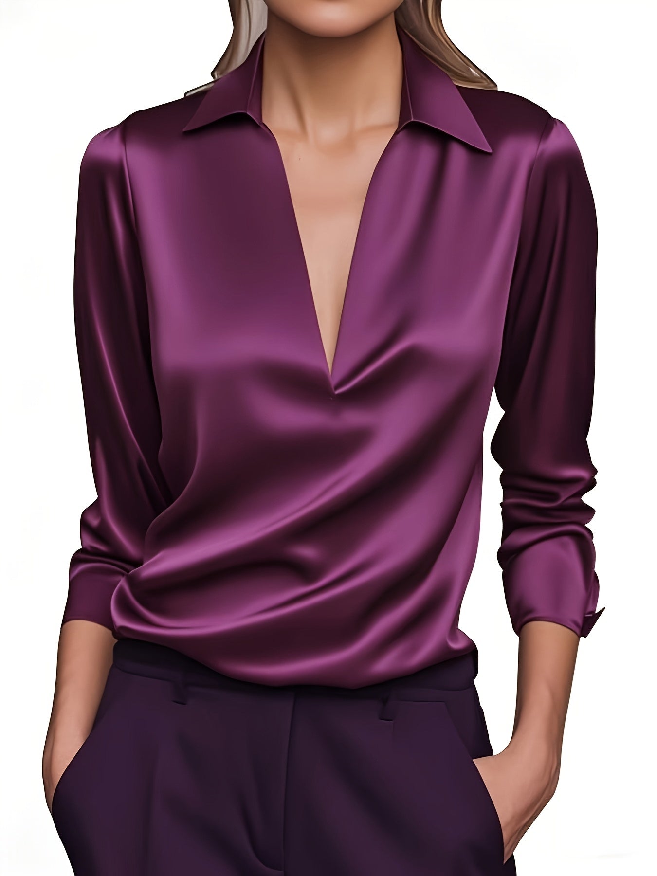 Louise | Elegant Silver Satin V-Neck Blouse