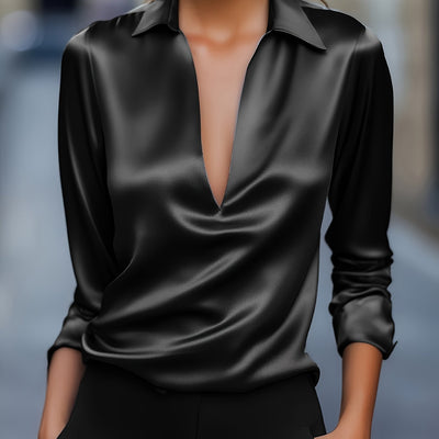 Louise | Elegant Silver Satin V-Neck Blouse